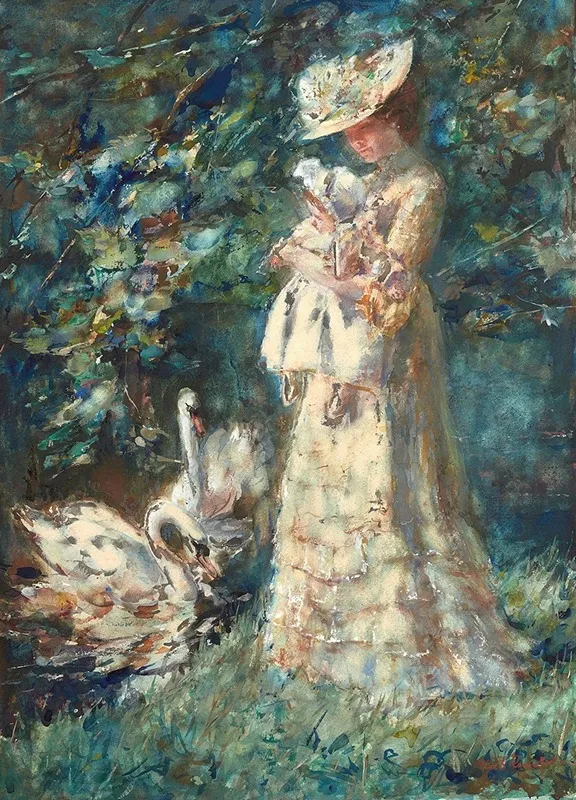 Feeding The Swans The Artists Wife Tjieke And Their Daughter Albertine Wall Art by Albert Roelofs - High-Resolution Digital Print