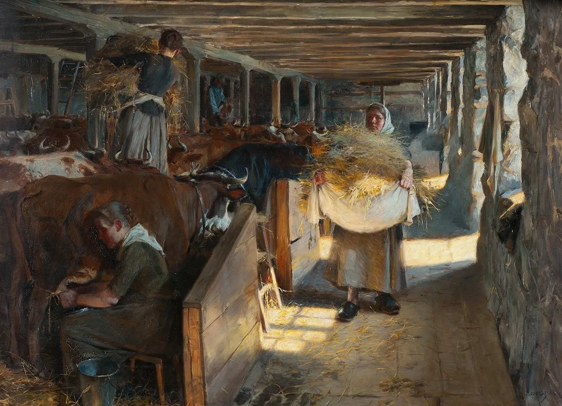 Feeding Time In A Cow Shed