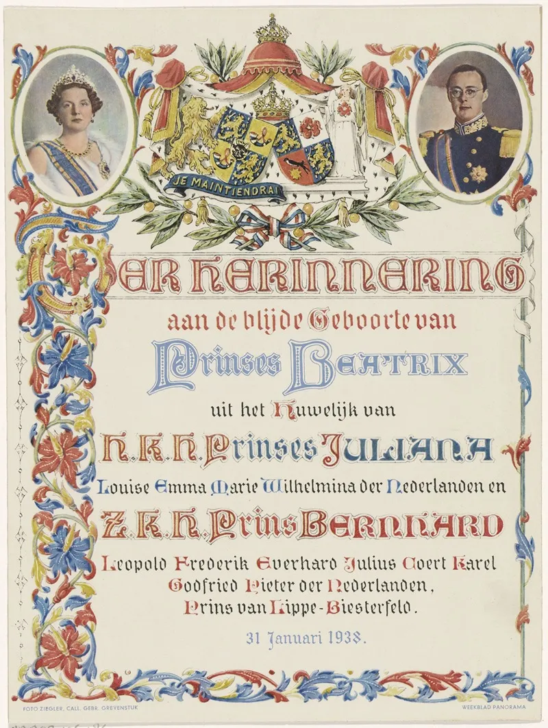 Feestplaat Ter Ere Van De Geboorte Van Beatrix Koningin Der Nederlanden Op 31 Januari 1938