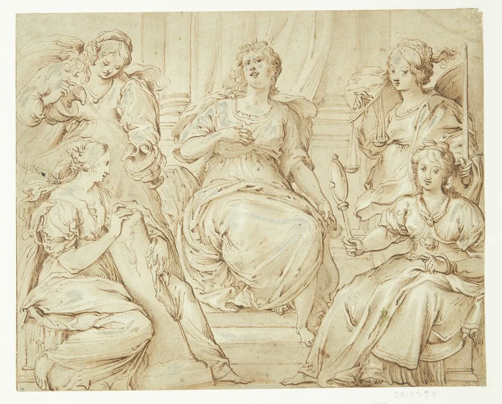 Fem Allegoriske Kvindefigurer Th Klogskab Og Retfaerdighed Wall Art by Filippo Lauri - High-Resolution Digital Print