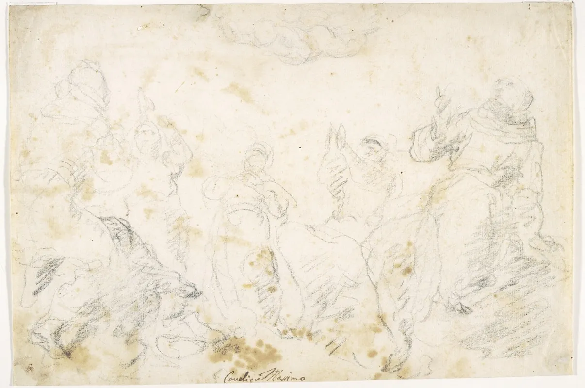 Fem Munke Med Omkringsvaevende Putti Wall Art by Massimo Stanzione - High-Resolution Digital Print