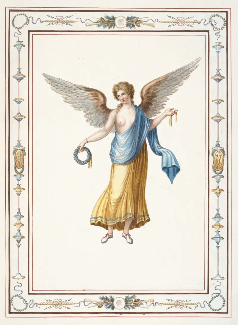 Female Angel Holding Wreath And Gold Ribbon Wall Art by Pierre-Jean Mariette - High-Resolution Digital Print