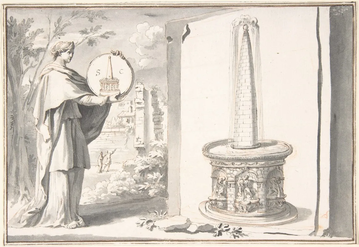 Female Figure Holding A Coin And Image Of A Fountain Wall Art by Jan Goeree - High-Resolution Digital Print