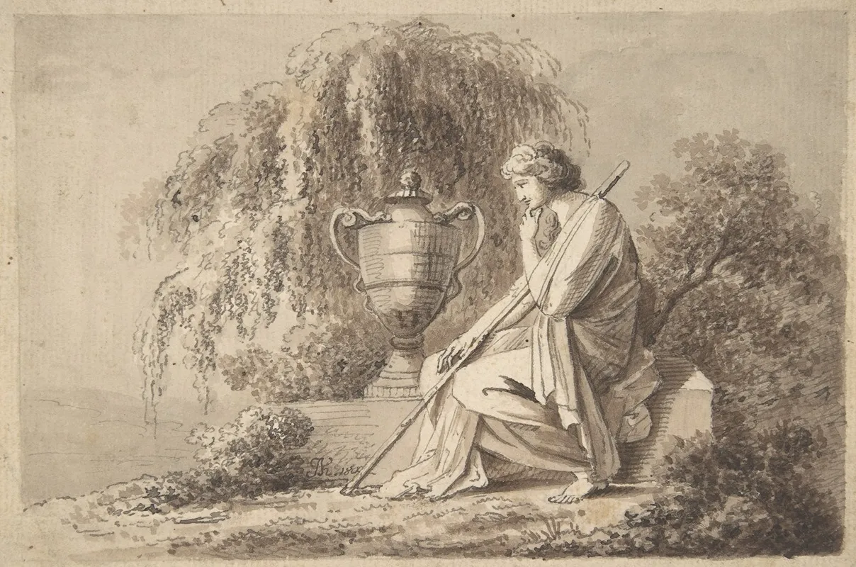 Female Figure Seated Beside An Urn Wall Art by Circle of Angelica Kauffmann - High-Resolution Digital Print