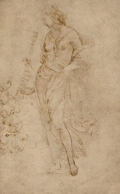 Female Figure With A Tibia And Ornamental Studies