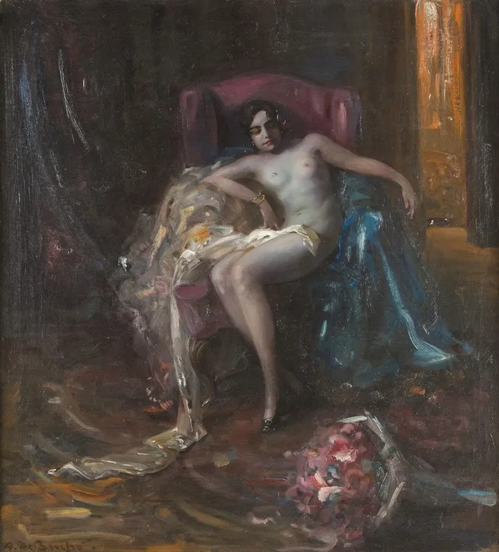 Female Nude In Armchair Wall Art by Arnulf De Boucher - High-Resolution Digital Print