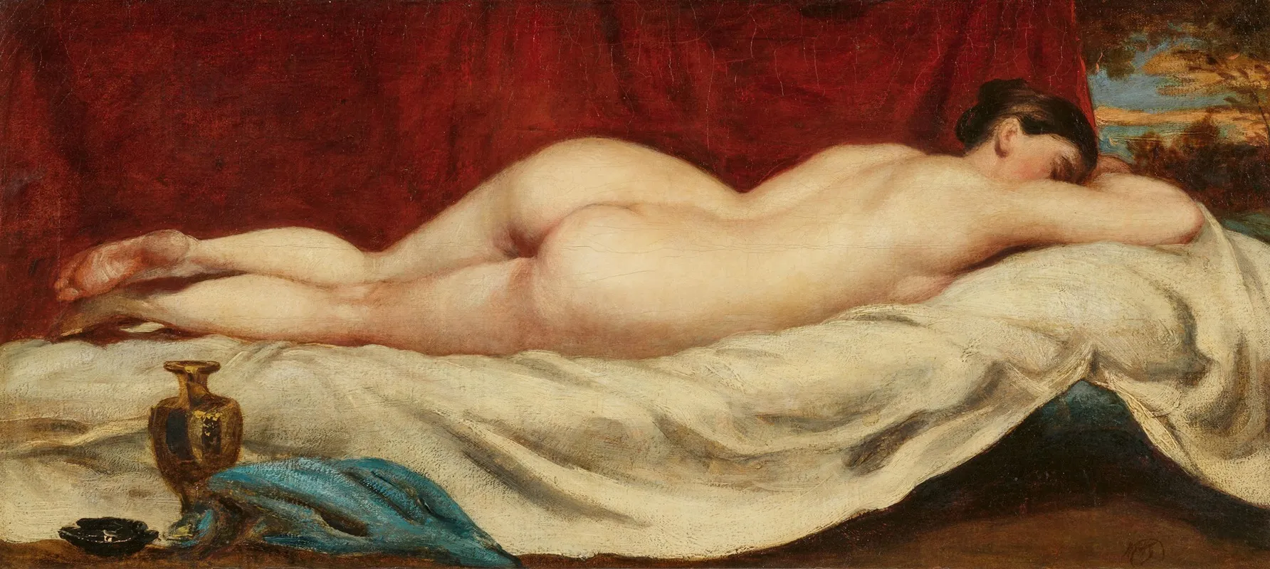 Female Nude Sleeping On A Sofa In Front Of A Red Curtain Wall Art by William Etty - High-Resolution Digital Print