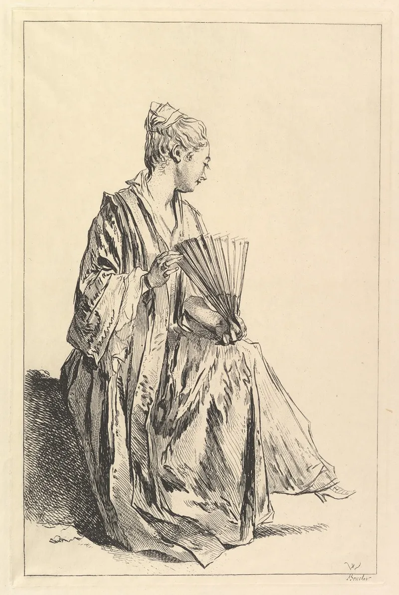 Femme Assise De Profil A Droite Jouant De Leventail Wall Art by François Boucher - High-Resolution Digital Print