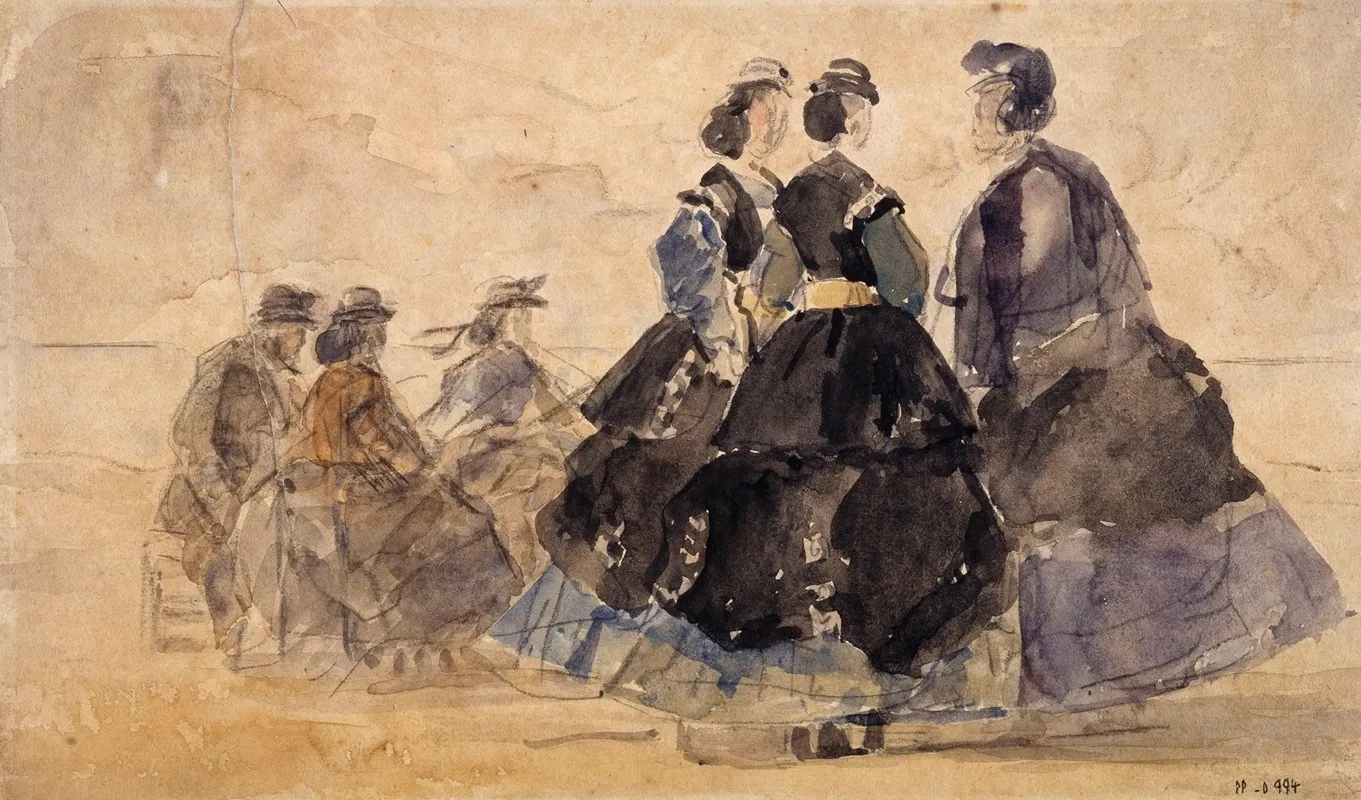 Femme Assise Et Divers Personnages Au Bord De La Mer Wall Art by Eugène Boudin - Canvas Print