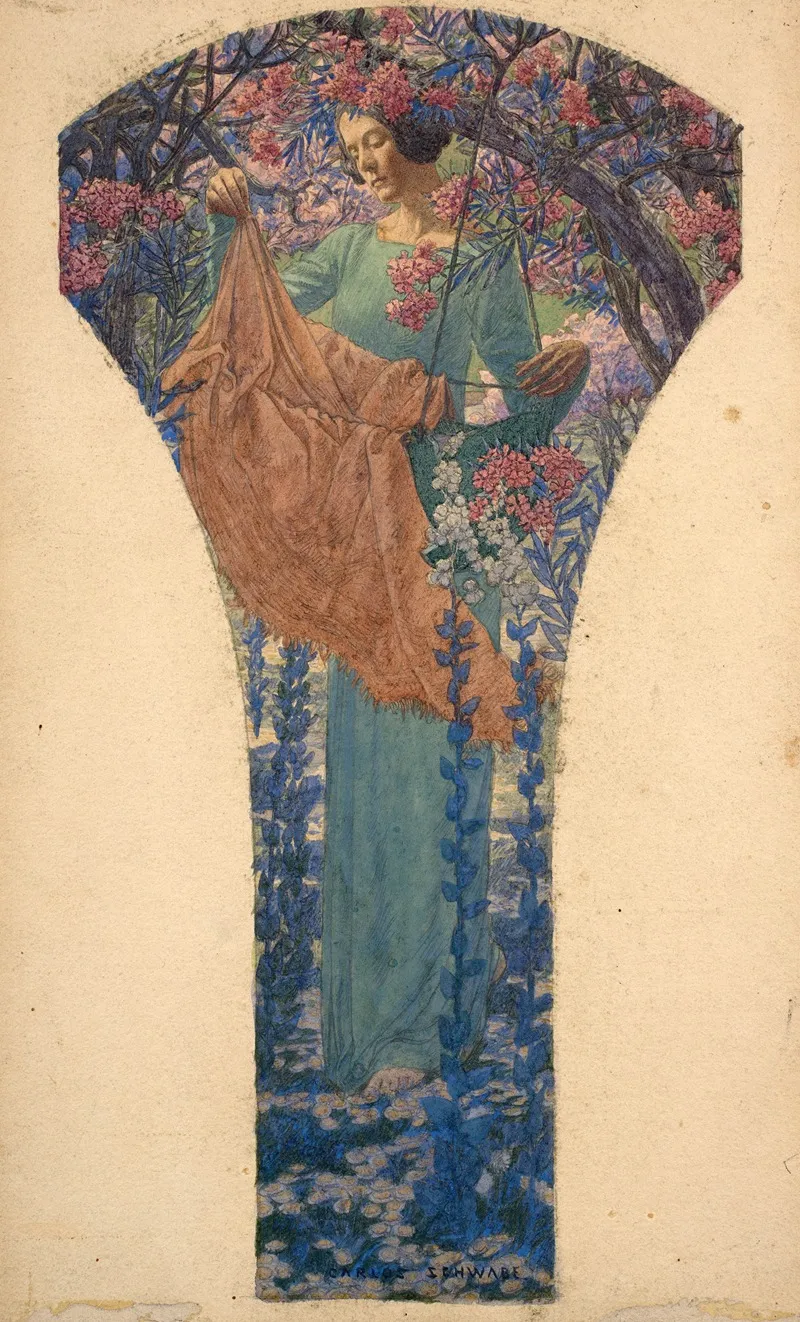 Femme Au Berceau Parmi Les Fleurs Ou La Parque