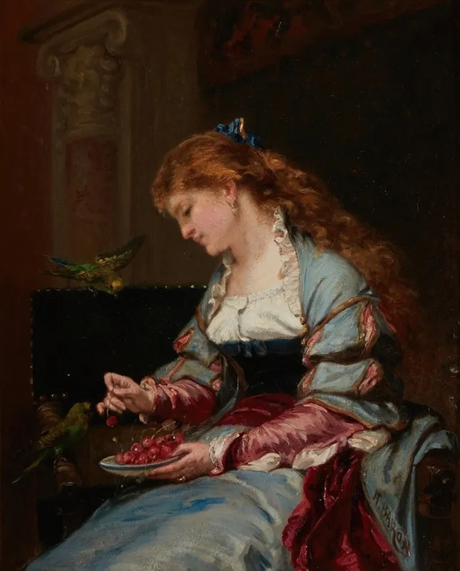 Femme Au Peroquet Wall Art by Henri-Charles-Antoine Baron - High-Resolution Digital Print
