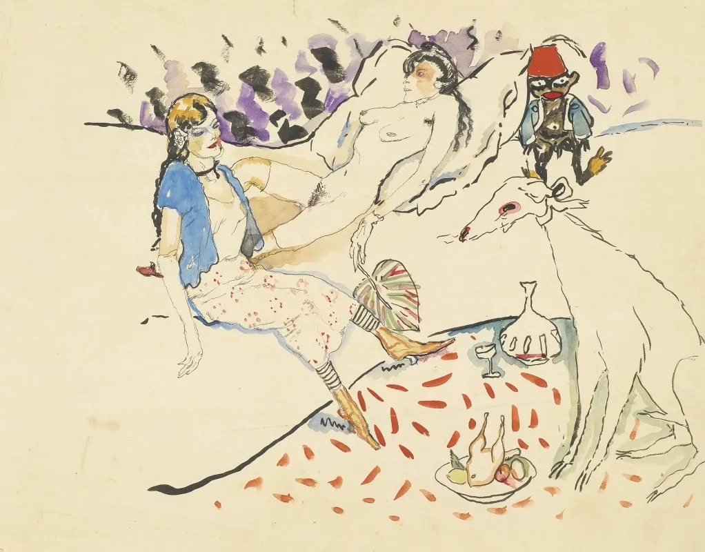 Femme Avec Son Chien Et Nu Wall Art by Jules Pascin - High-Resolution Digital Print