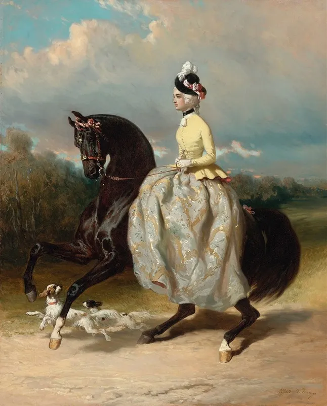 Femme En Costume Marie Antoinette Sur Un Cheval Caracolant Wall Art by Alfred De Dreux - High-Resolution Digital Print