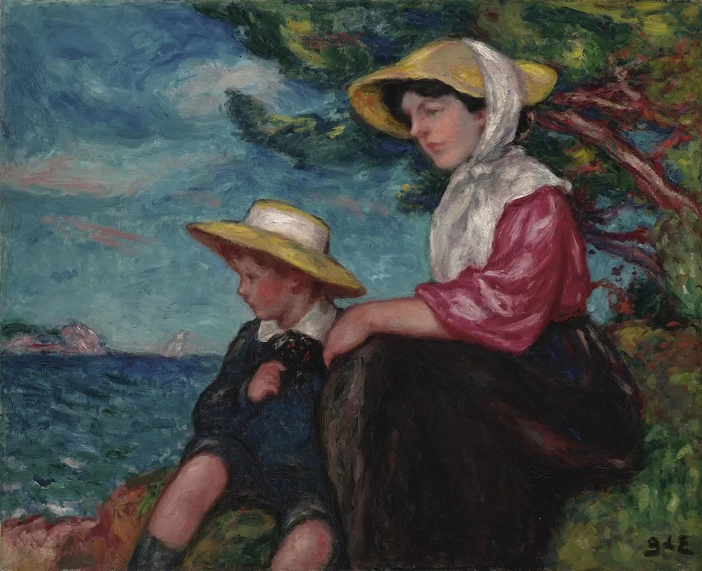 Femme Et Jeune Garcon Assis Au Bord De La Mer Wall Art by Georges d'Espagnat - High-Resolution Digital Print