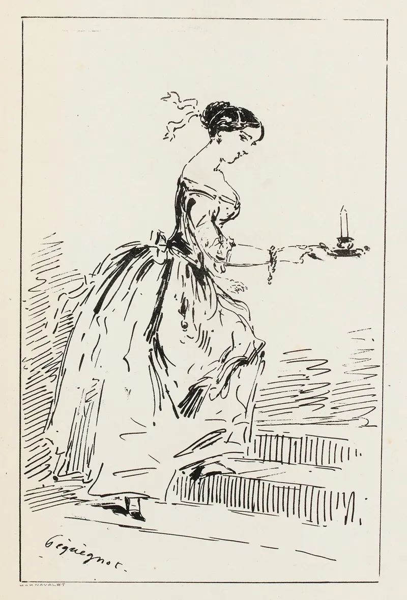Femme Montant Un Escalier Bougeoir A La Main De Profil Allant Vers La Droite
