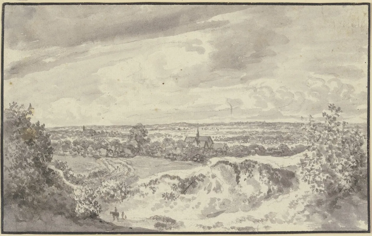 Fernsicht Mit Einer Stadt Vorne Ein Reiter Und Zwei Fusganger