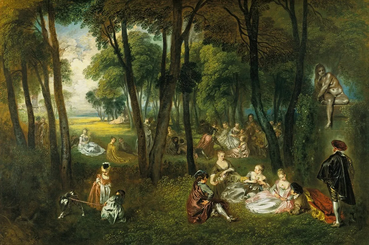 Fete Galante In A Wooded Landscape Wall Art by Jean-Antoine Watteau - High-Resolution Digital Print