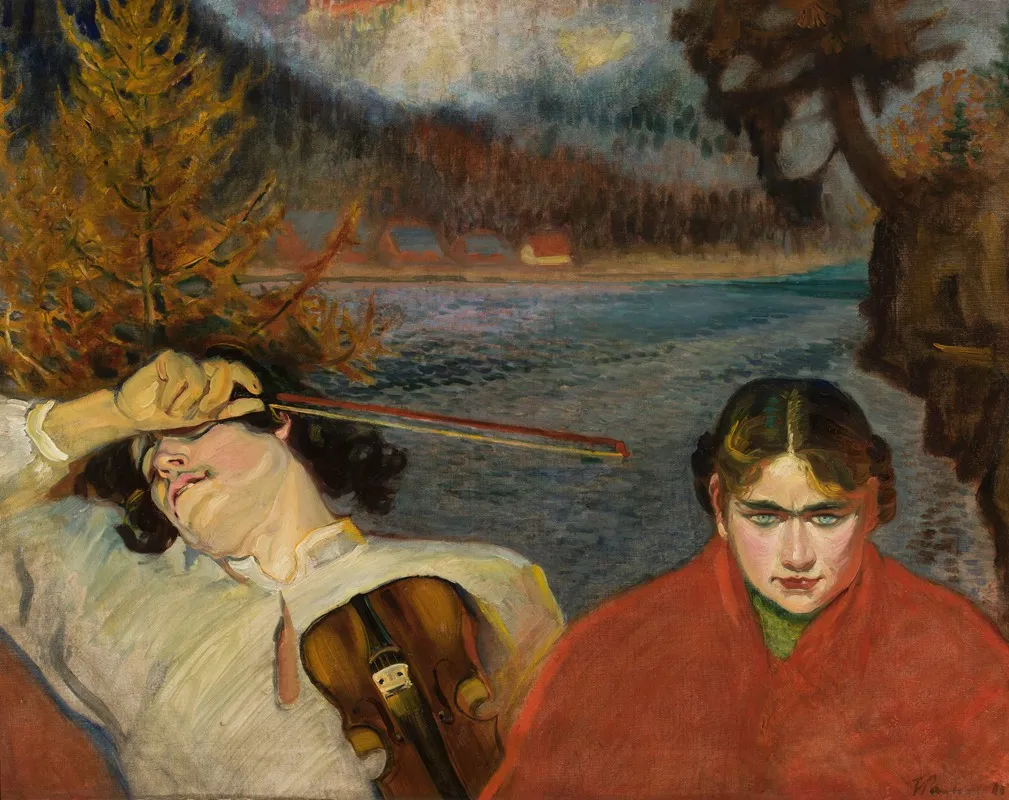 Fiddler Symbolic Scene Against Landscape