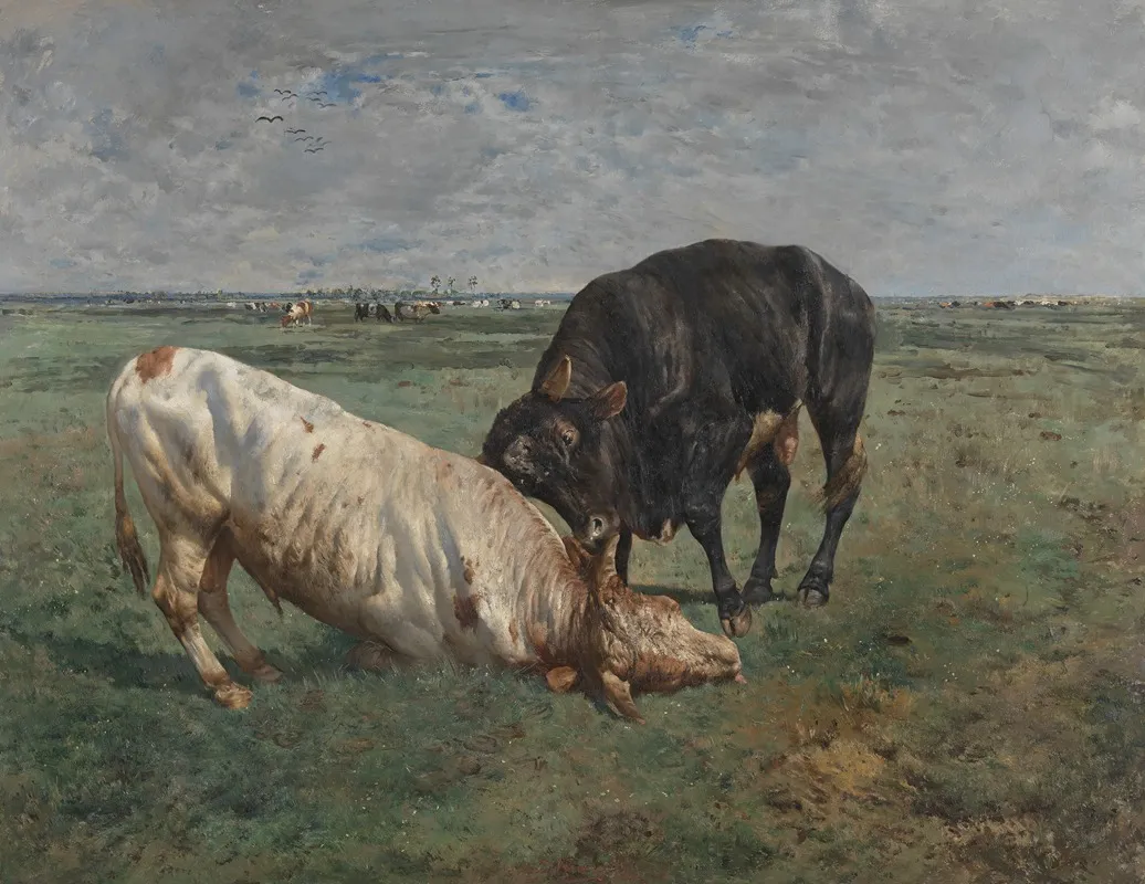 Fight Between Two Young Bulls Wall Art by Alfred Verwee - High-Resolution Digital Print
