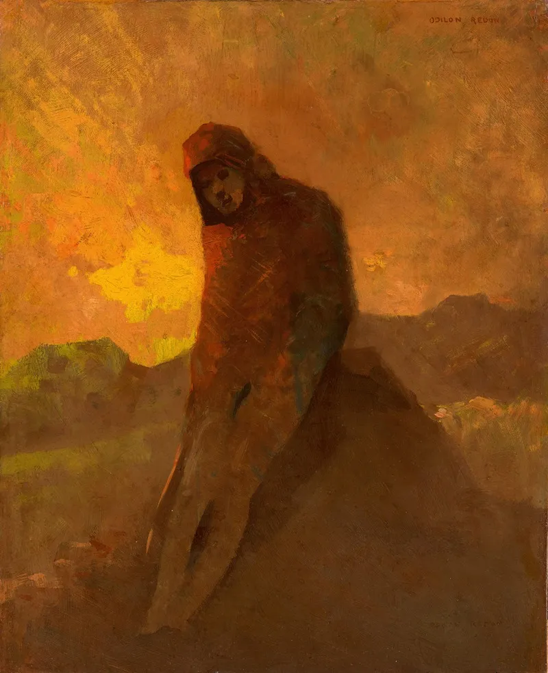 Figure En Rouge Assise Sur Un Rocher Wall Art by Odilon Redon - High-Resolution Digital Print