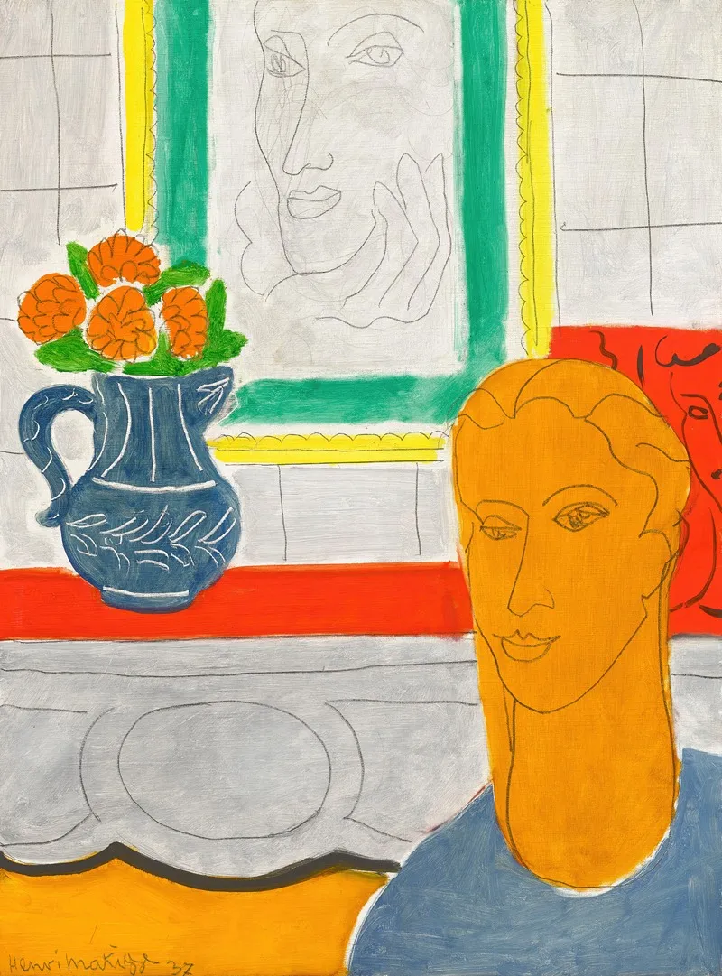 Figure Et Bouquet Tete Ocre Wall Art by Henri Matisse - High-Resolution Digital Print