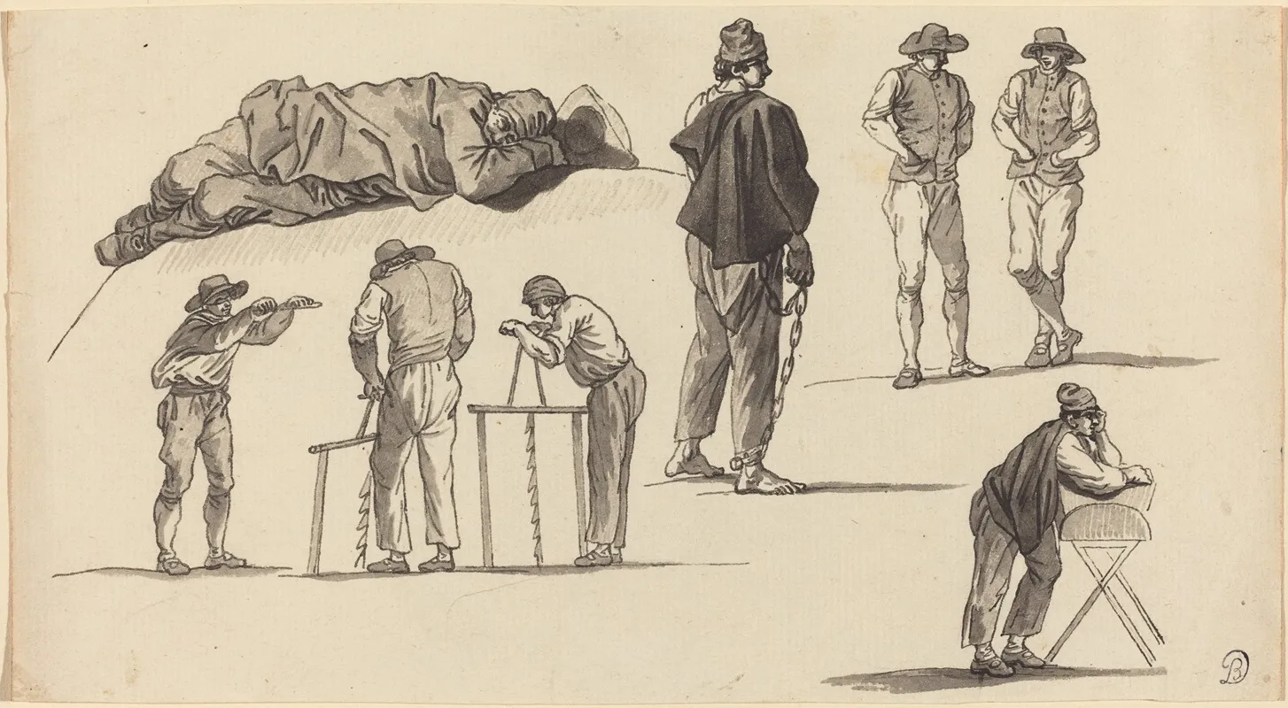 Figure Studies Including One Man Sleeping On The Ground And Two Men Sawing