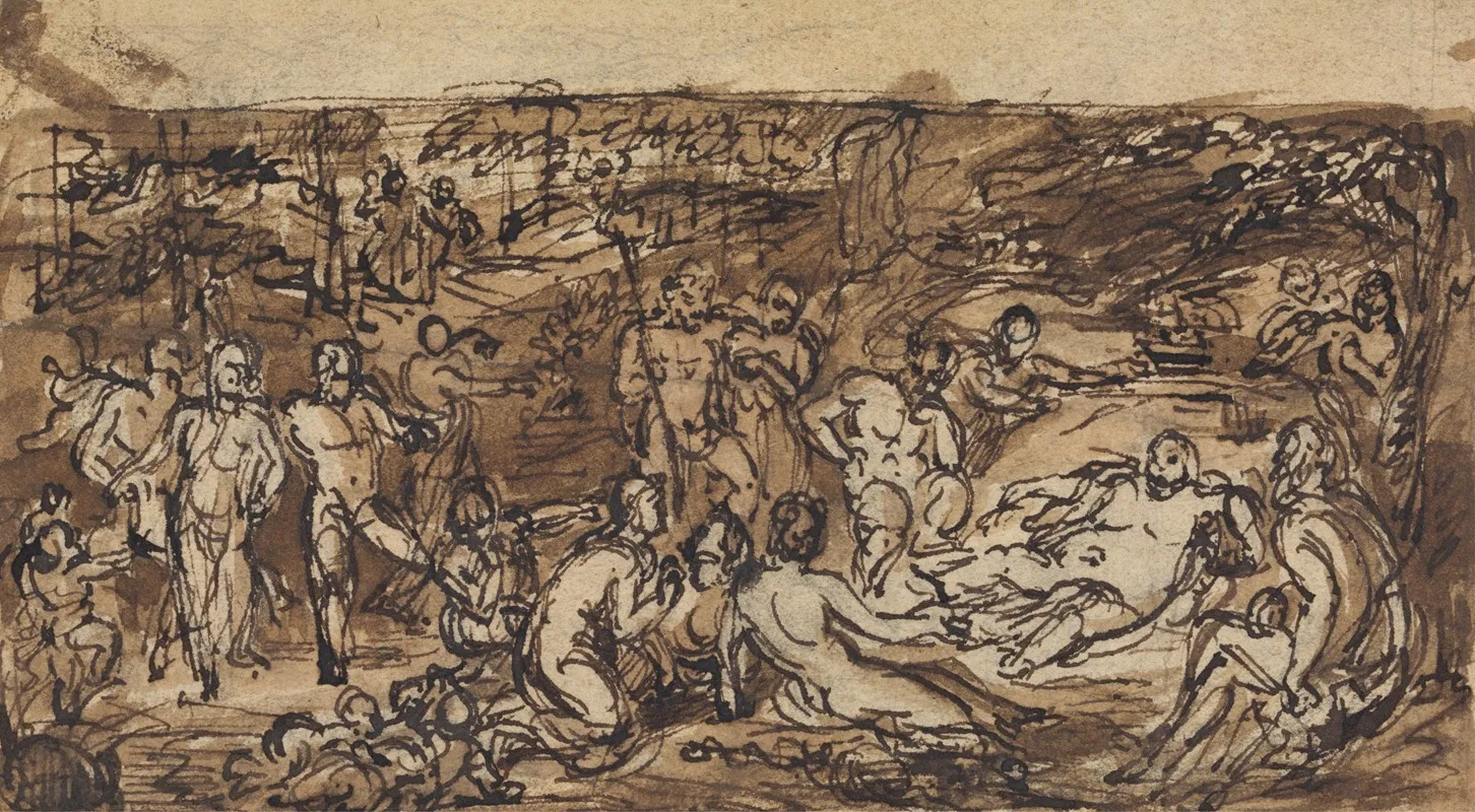 Figure Studies Of A Group Of People In A Wooded Clearing