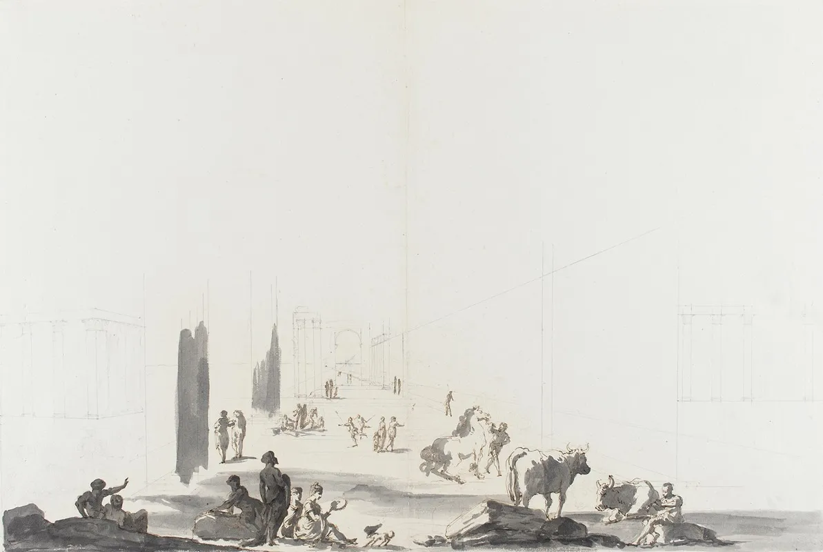 Figures And Animals In Deep Architectural Setting Wall Art by Gaetano Gandolfi - High-Resolution Digital Print