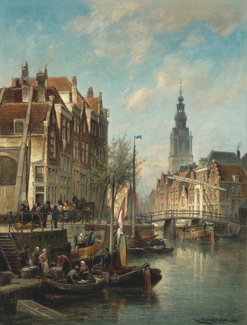 Figures And Ships On An Amsterdam Canal With The Zuiderkerk In The Background Wall Art by Cornelis Christiaan Dommelshuizen - High-Resolution Digital Print