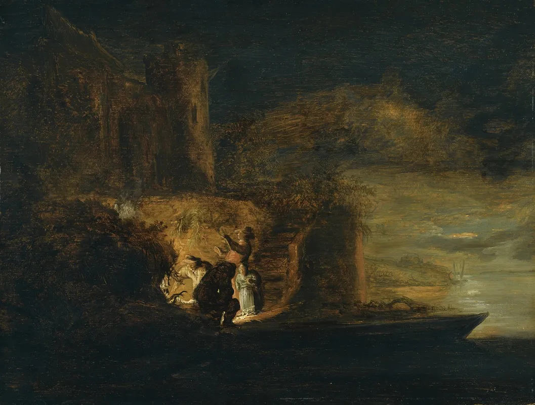 Figures Around A Fire On A River Bank Beneath A City Fortification At Night Wall Art by Cornelis van der Schalcke - High-Resolution Digital Print