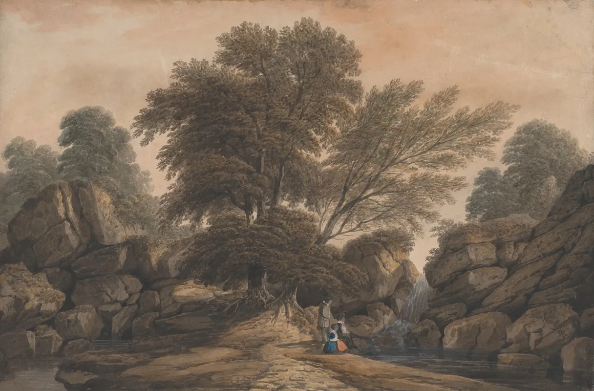 Figures Beside A Waterfall And Pool In A Wooded Landscape