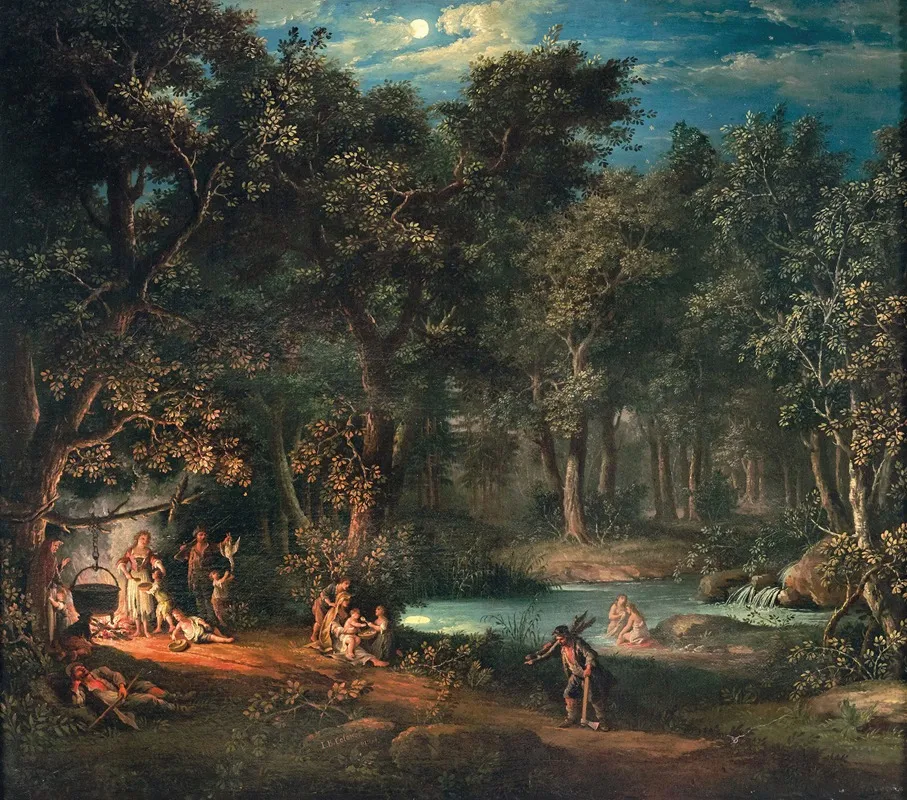 Figures By An Encampment In A Nocturnal Landscape Wall Art by Giovanni Battista Innocenzo Colombo - High-Resolution Digital Print