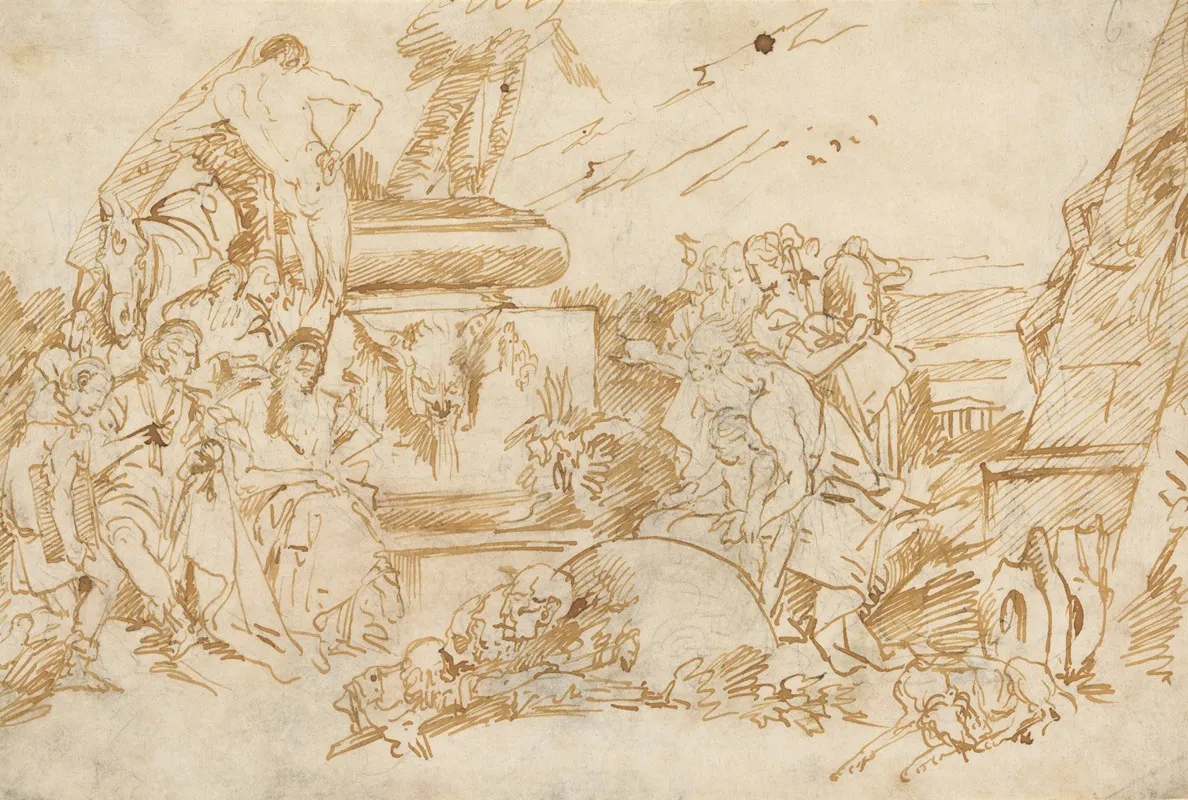 Figures In Antique Dress Grouped About A Pagan Tomb Wall Art by Lorenzo Baldissera Tiepolo - High-Resolution Digital Print