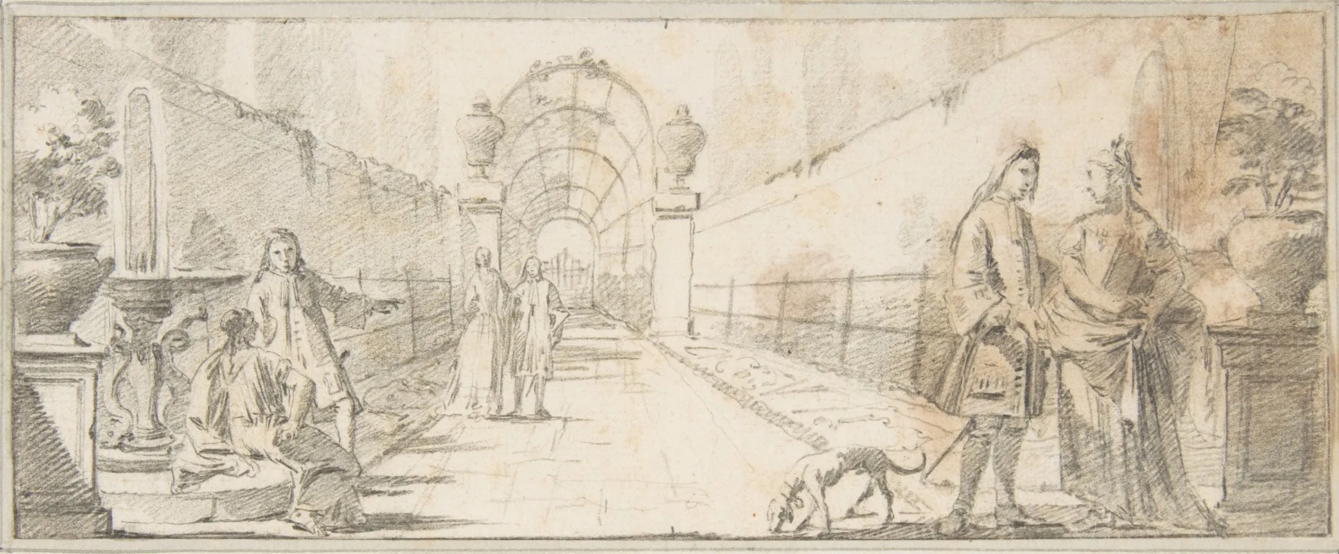 Figures In Conversation In A Garden Wall Art by Giovanni Battista Tiepolo - High-Resolution Digital Print