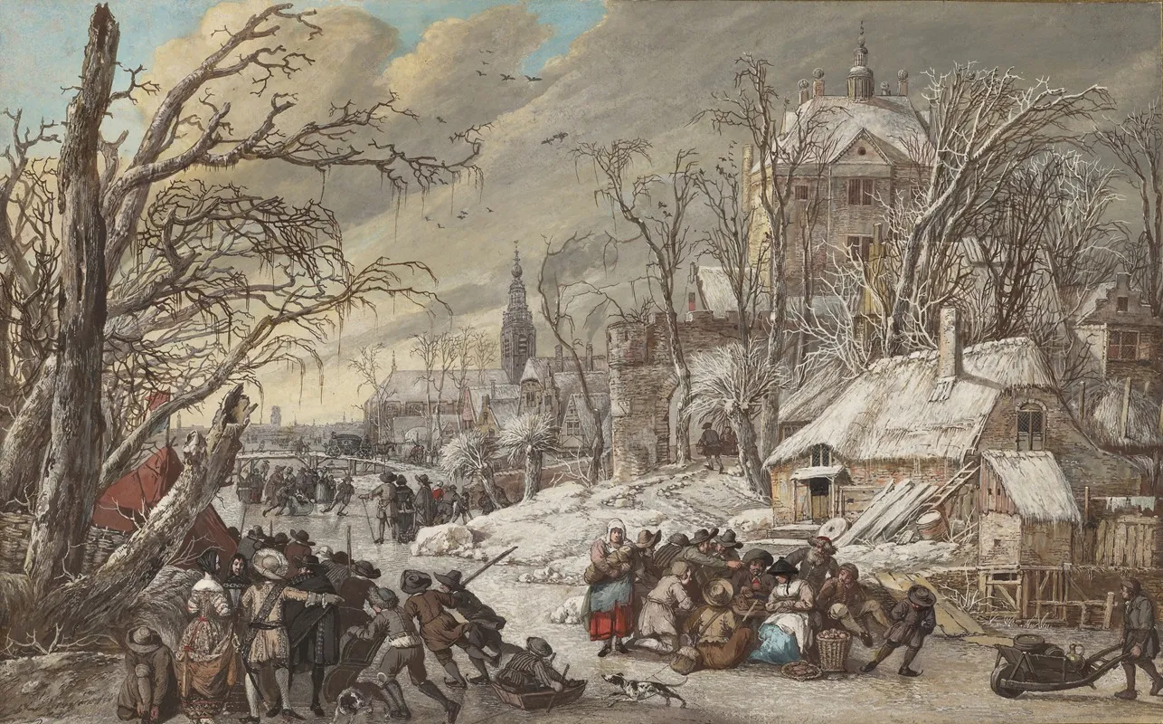 Figures On A Frozen Canal Wall Art by Gerrit Battem - High-Resolution Digital Print