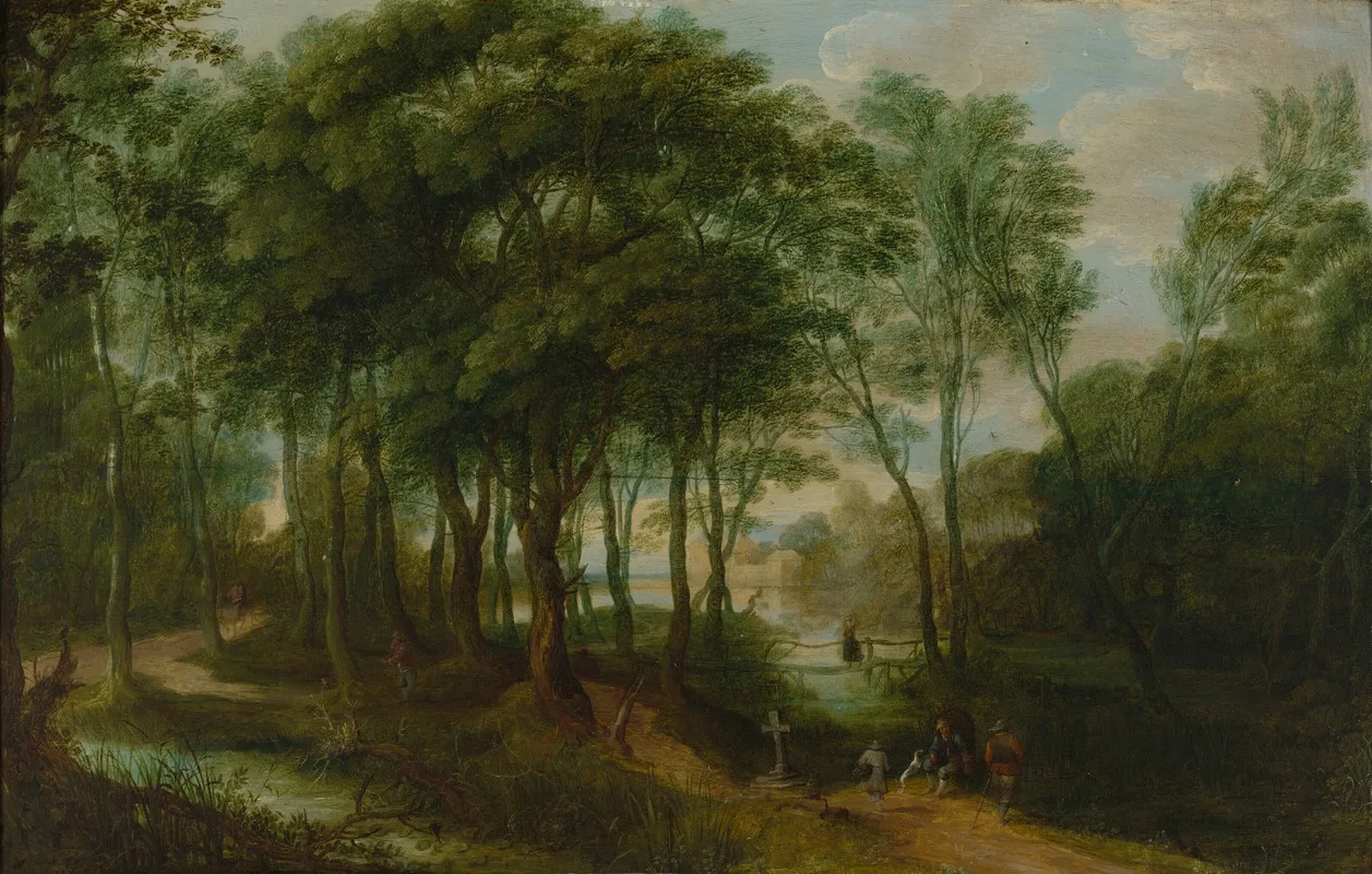 Figures On A Wooded Path With A Building Behind Wall Art by Adriaen van Stalbemt - High-Resolution Digital Print