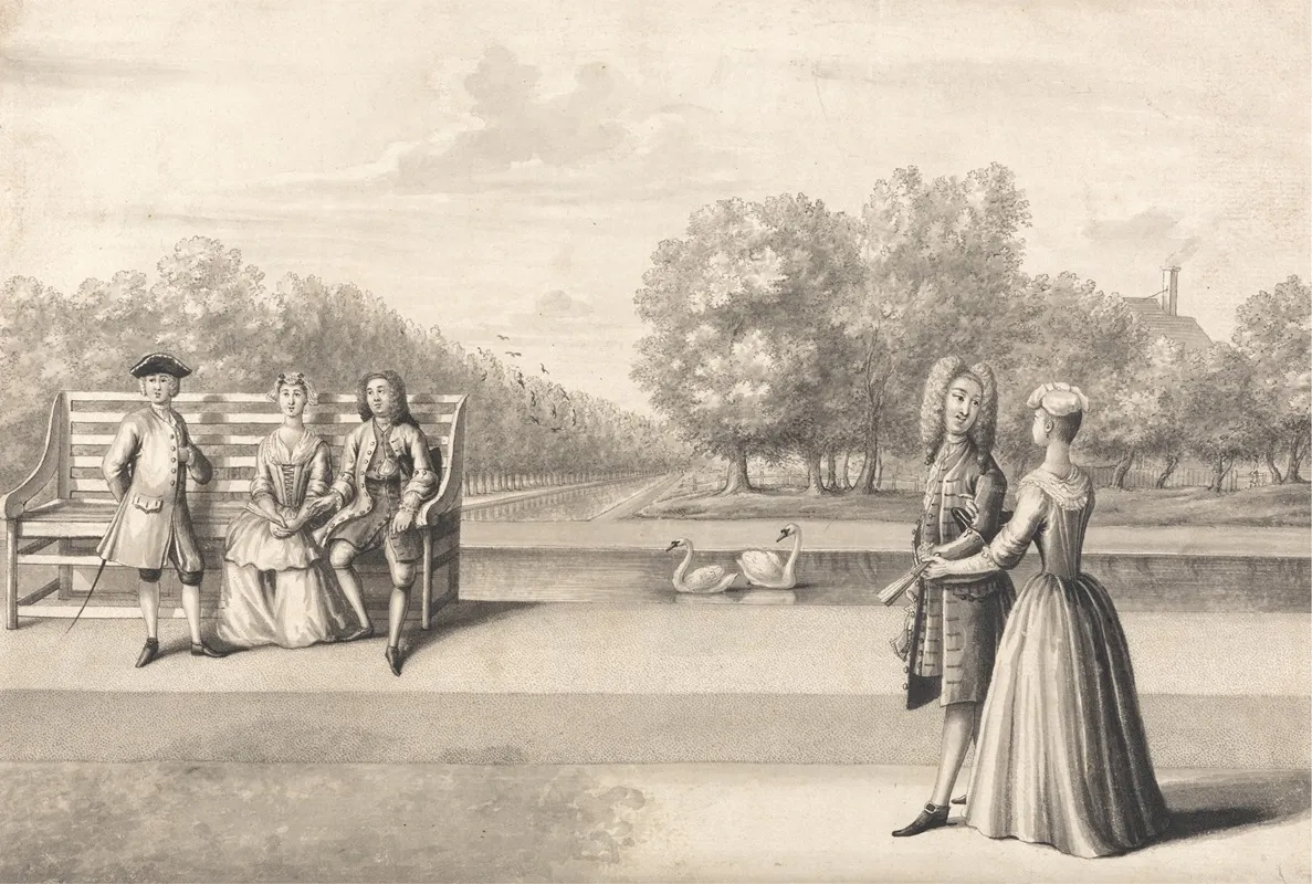 Figures On Bank Of The Long Water Hampton Court Palace Wall Art by Bernard Lens III - High-Resolution Digital Print