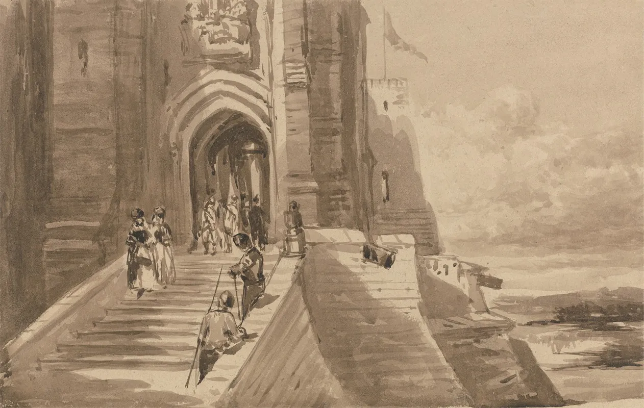 Figures On The Outer Staircase Of A Castle Wall Art by David Cox - High-Resolution Digital Print