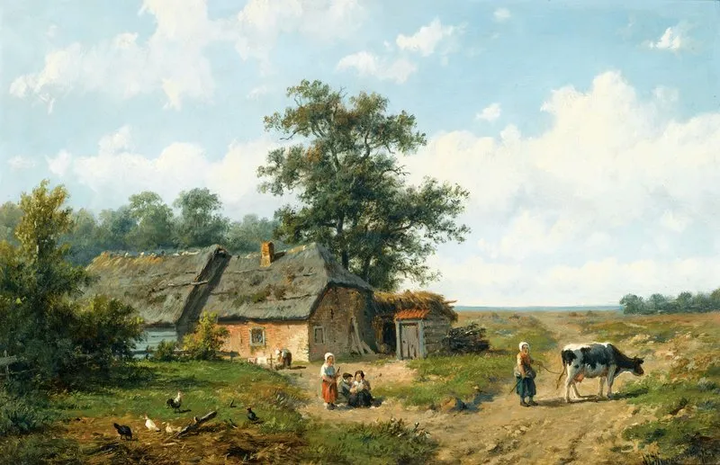 Figures Outside A Cottage On A Sunny Day