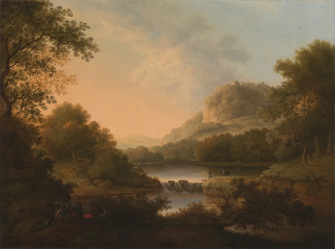 Figures With A Donkey And Dog Crossing A Weir