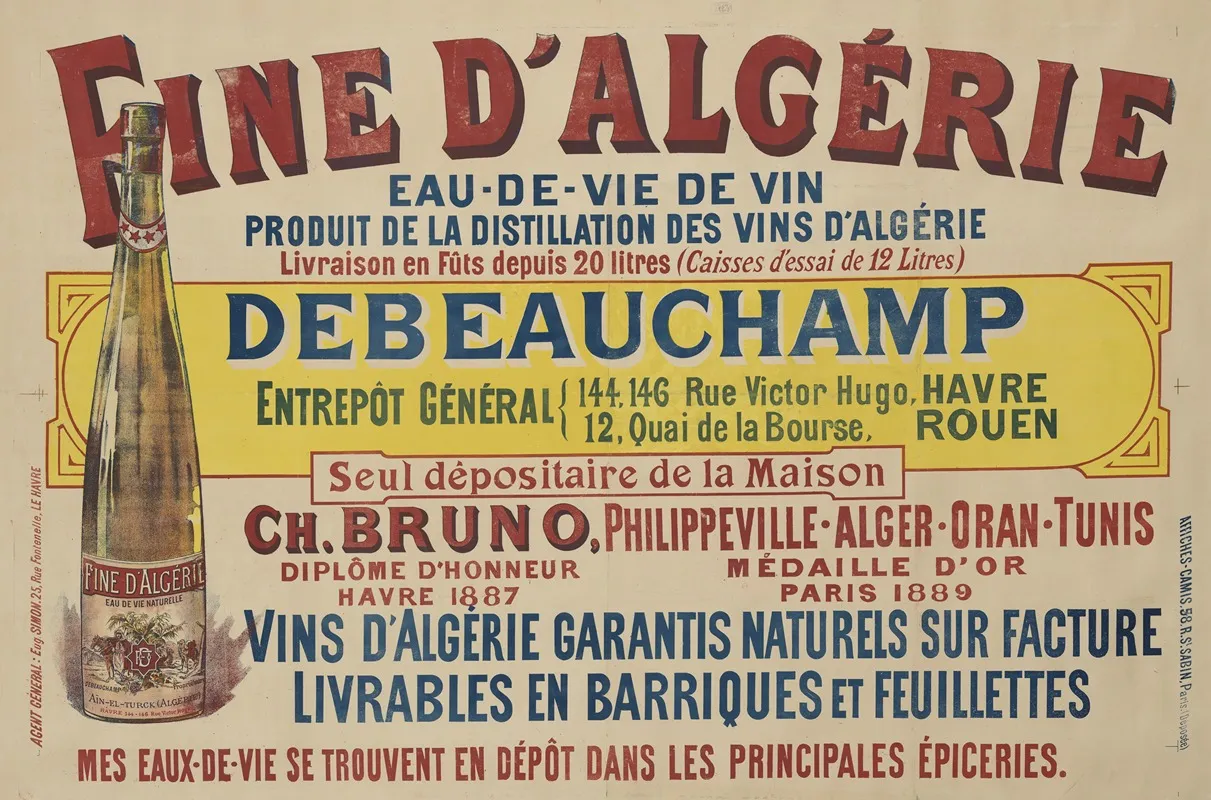 Fine Dalgerie Eau De Vie De Vin Produit De La Distillation Des Vins Dalgerie Debeauchamp Wall Art by Imp. Camis - High-Resolution Digital Print