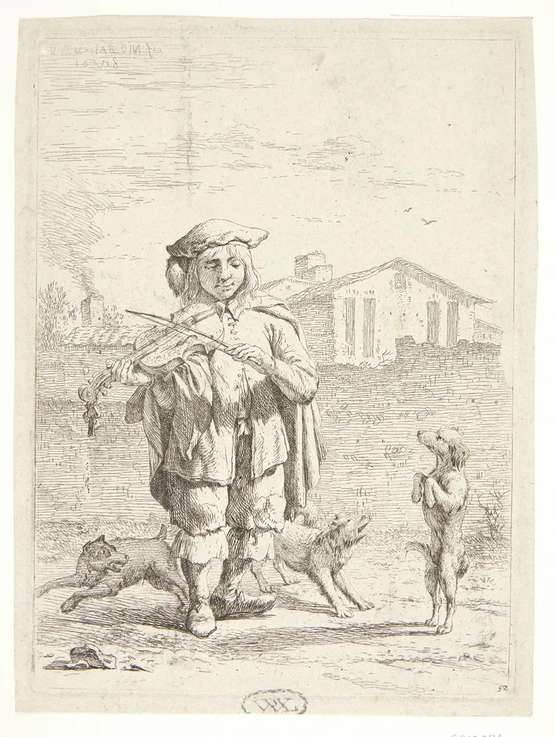 Fiolspiller Med Tre Hunde Savoyarden