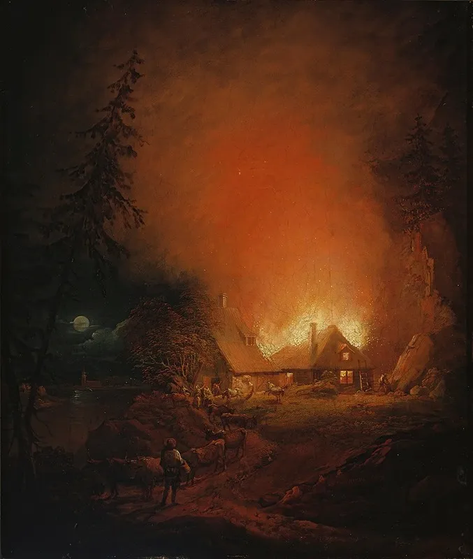 Fire At Night In A Peasant House Wall Art by Alexander Lauréus - High-Resolution Digital Print
