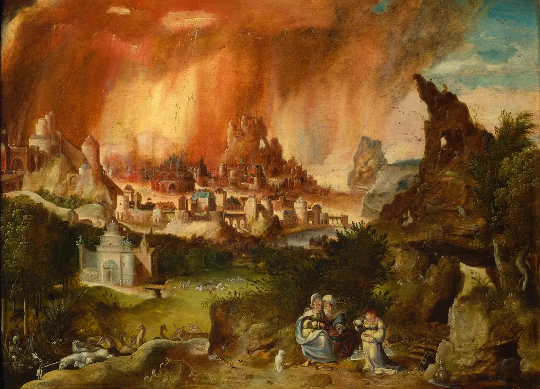 Fire Of Sodom Lot With His Daughters Genesis 19 30 35 Wall Art by Herri met de Bles - High-Resolution Digital Print