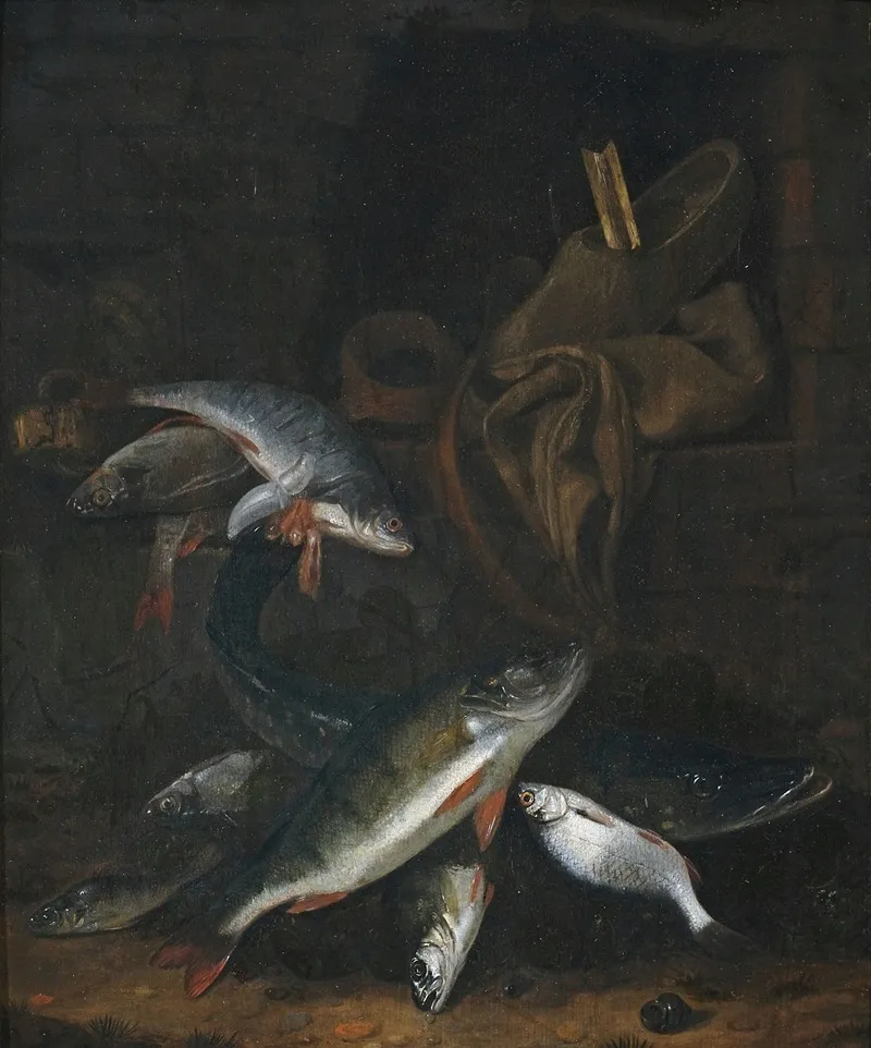Fischstilleben Mit Hecht Und Brassen An Einer Mauer Wall Art by Jacob Gillig - High-Resolution Digital Print