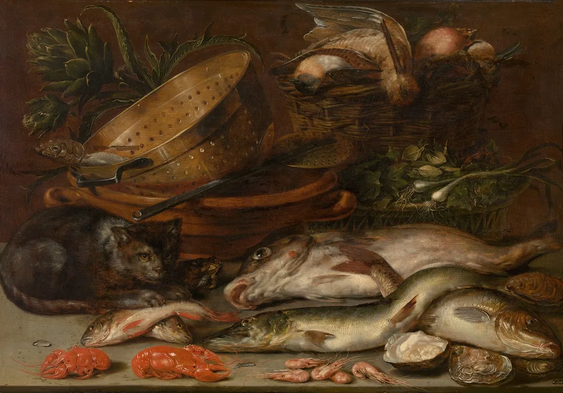 Fish Crustacea Poultry Vegetables And A Cat Wall Art by Alexander Adriaenssen - High-Resolution Digital Print