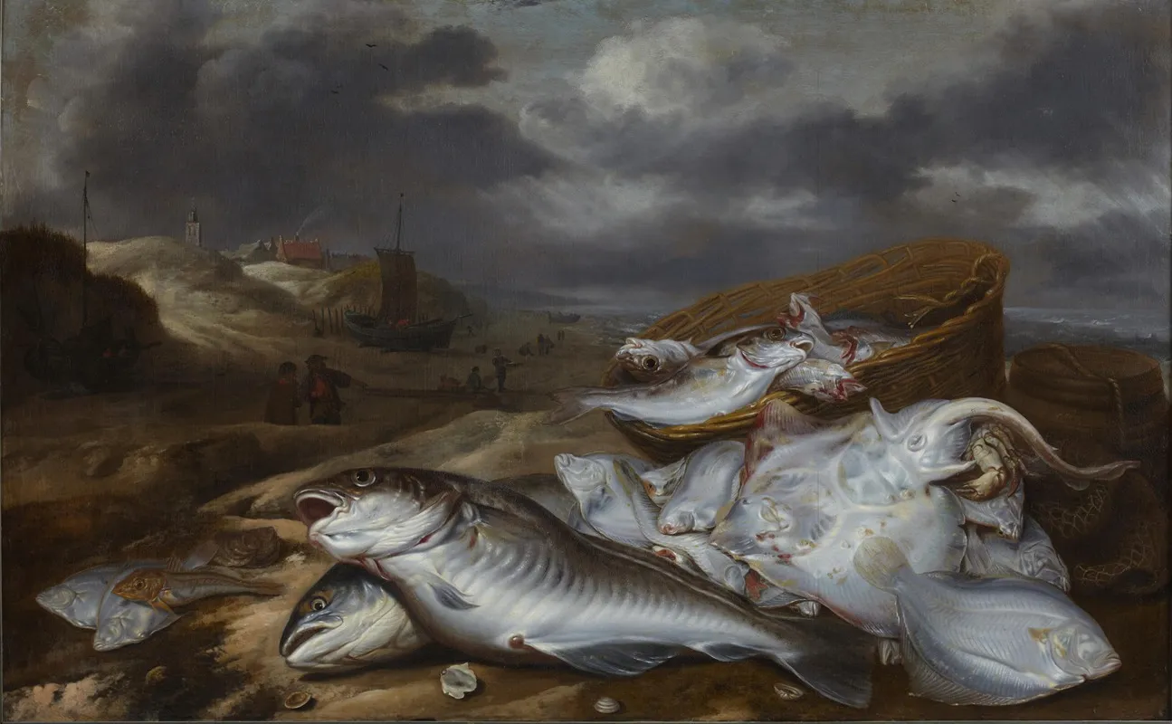 Fish Still Life With View Of Egmond Wall Art by Pieter van Schaeyenborgh - High-Resolution Digital Print