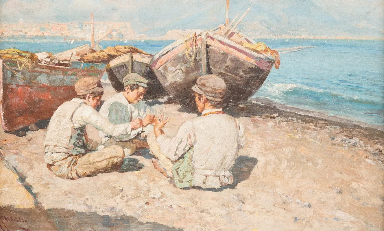 Fisher Boys By The Beach Of Naples Wall Art by Giuseppe Giardiello - High-Resolution Digital Print