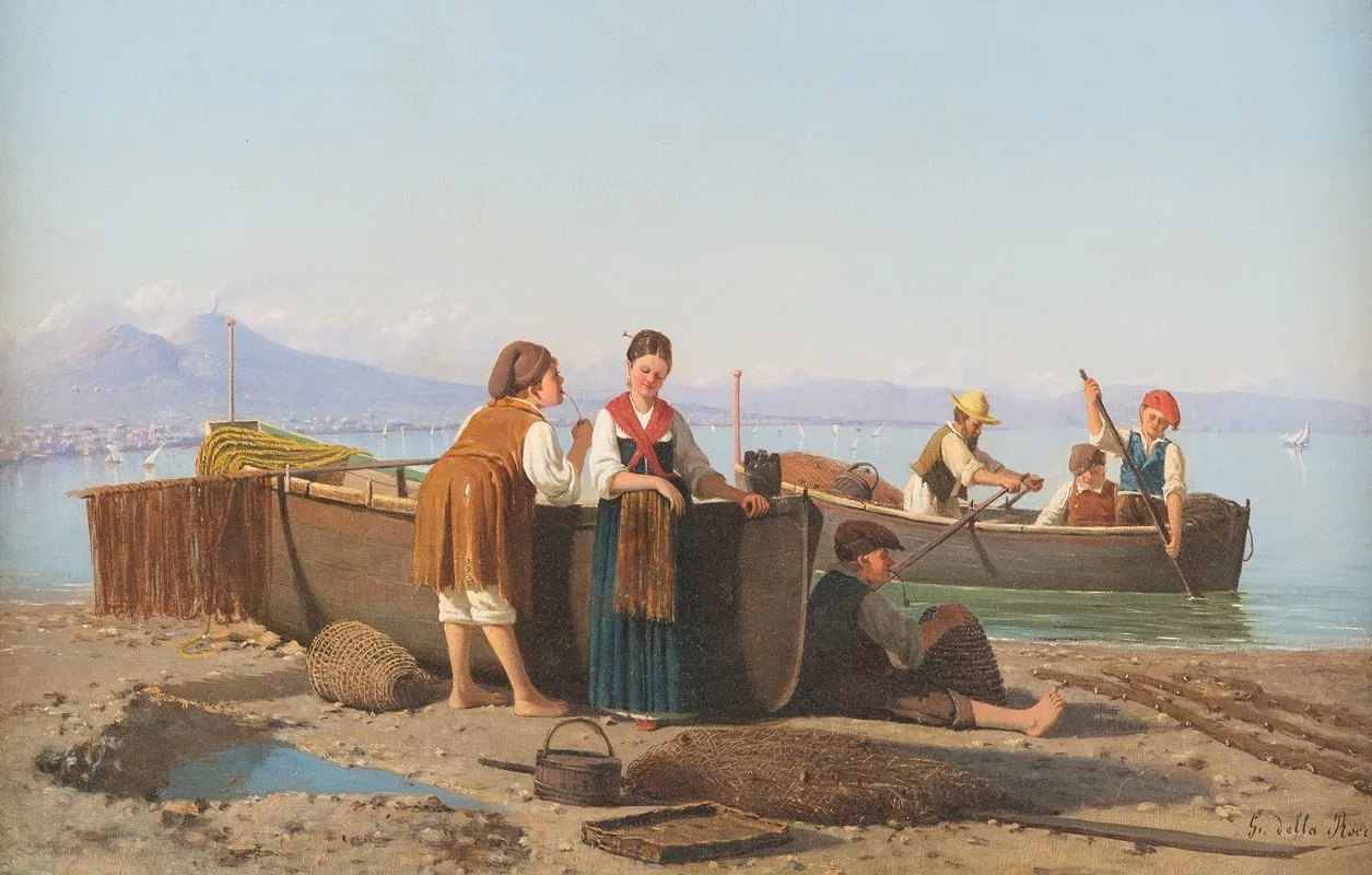 Fisherfolk In The Bay Of Naples Wall Art by Giovanni Della Rocca - High-Resolution Digital Print