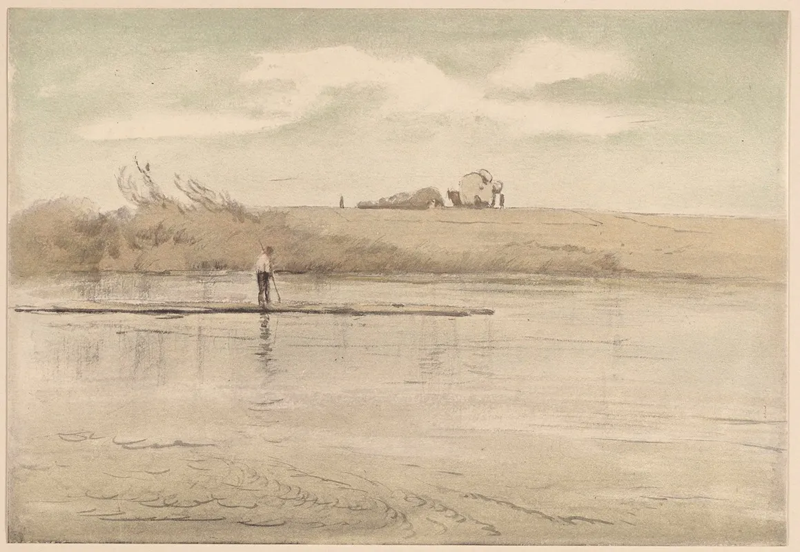 Fisherman On A Raft Cart Of Hay Visible In The Distance On The Shore Of The Lake Wall Art by Hans Thoma - High-Resolution Digital Print